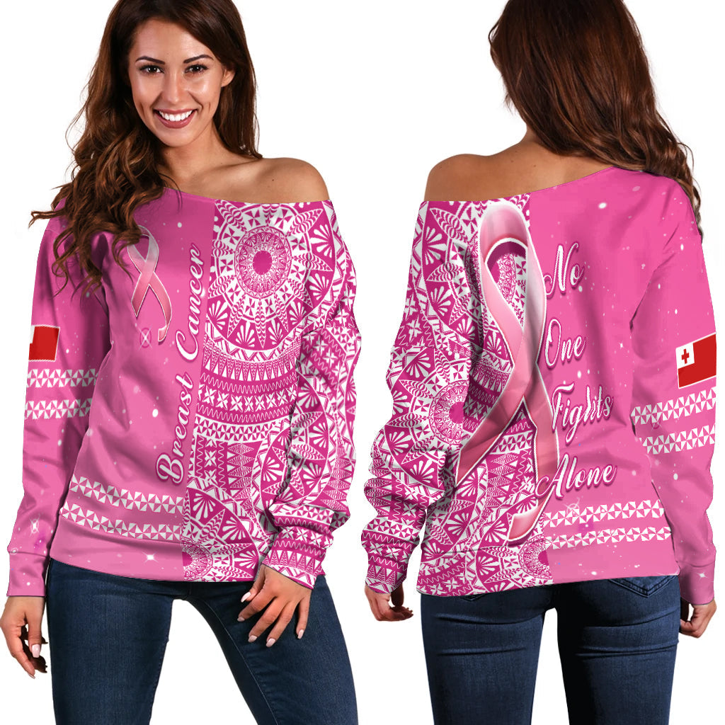 Tonga Breast Cancer Off Shoulder Sweater Tongan Ngatu Pattern No One Fights Alone