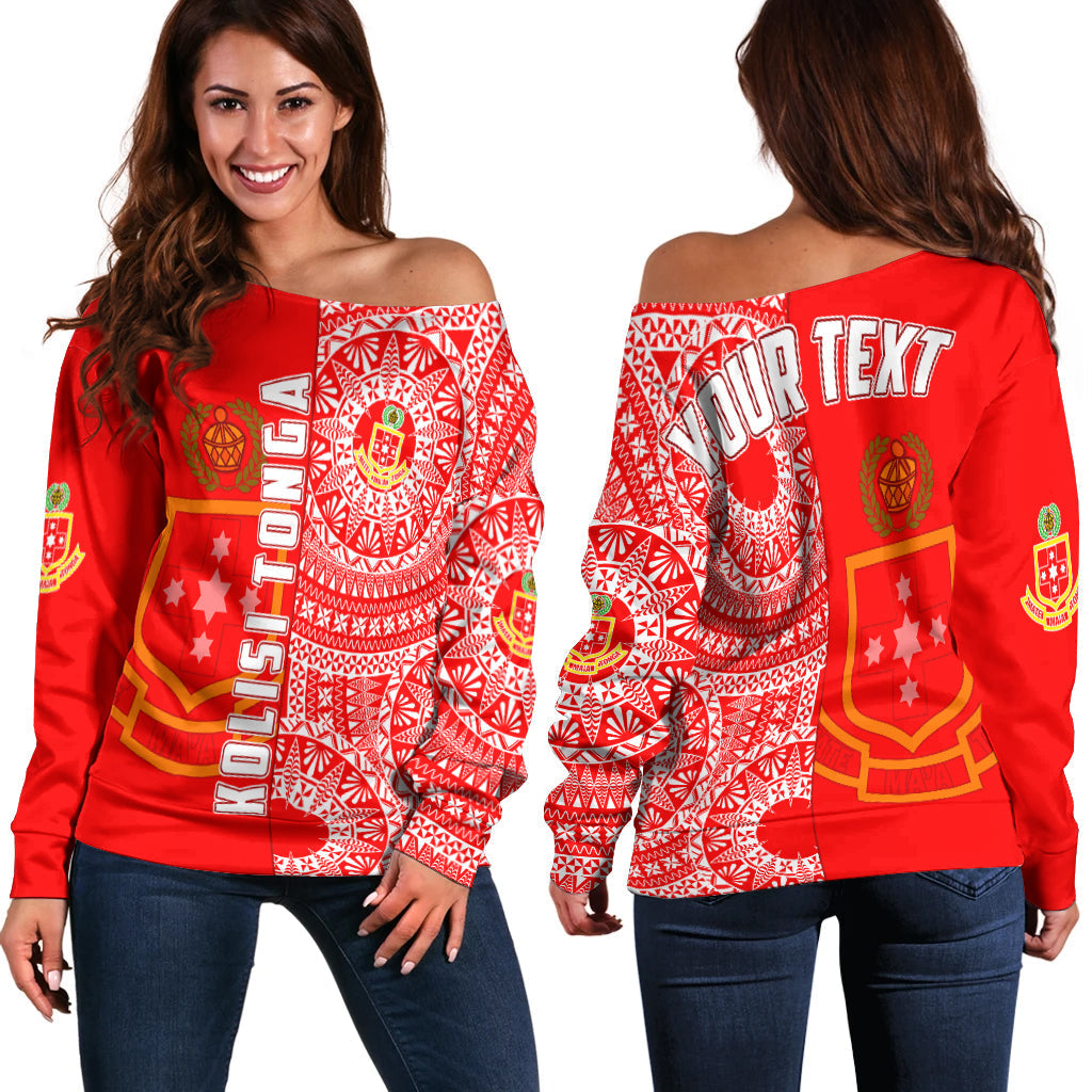 (Custom Personalised) Kolisi Tonga High School Off Shoulder Sweater Tongan Ngatu Pattern
