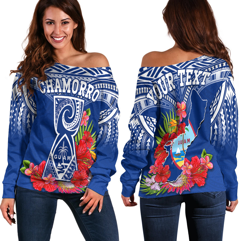 (Custom Personalised) Guam Chamorro Off Shoulder Sweater Guaman Latte Stone Tropical Flowers Blue Version