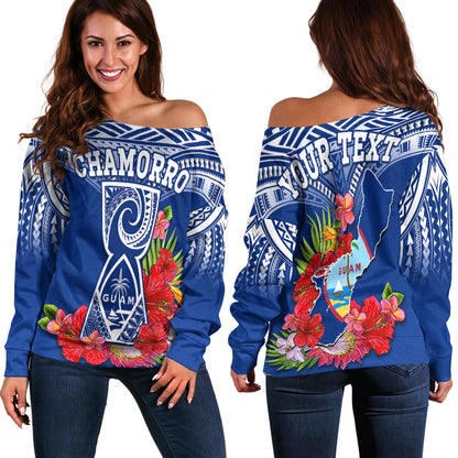 (Custom Personalised) Guam Chamorro Off Shoulder Sweater Guaman Latte Stone Tropical Flowers Blue Version