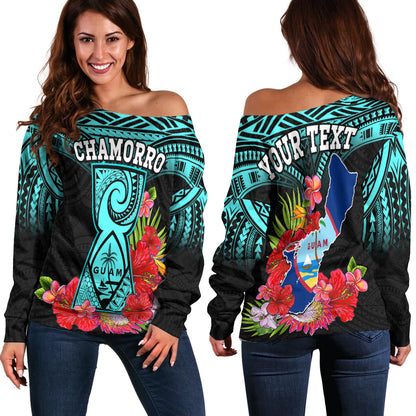 (Custom Personalised) Guam Chamorro Off Shoulder Sweater Guaman Latte Stone Tropical Flowers Turquoise Style