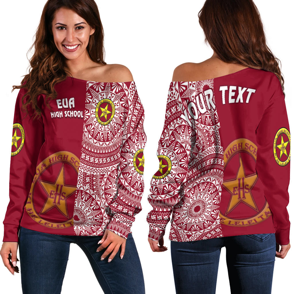 (Custom Personalised) Tonga Eua High School Off Shoulder Sweater Tongan Ngatu Pattern