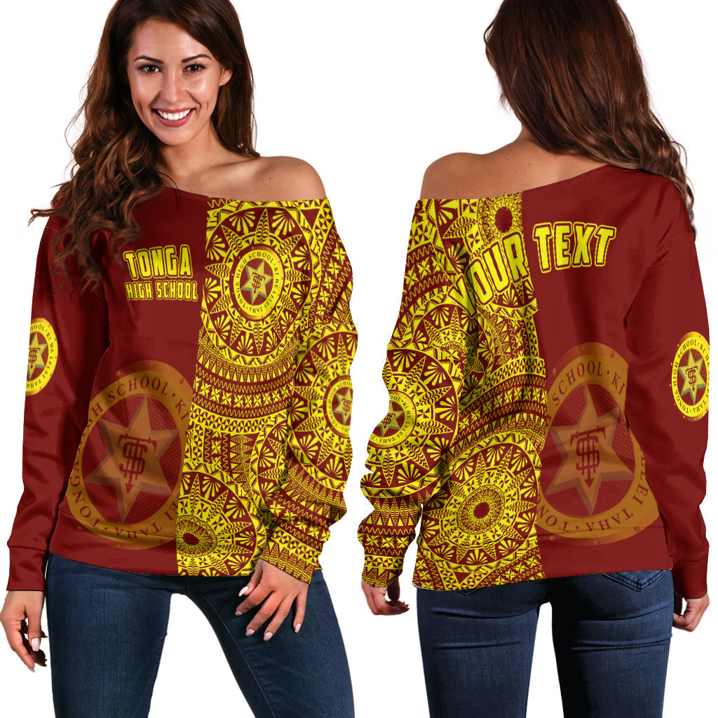 (Custom Personalised) Tonga High School Off Shoulder Sweater Tongan Ngatu Pattern