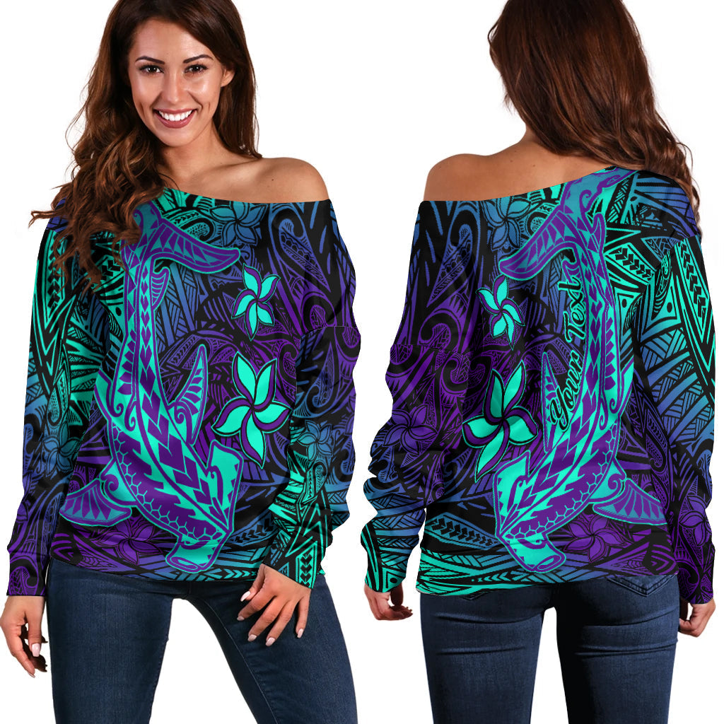 (Custom Personalised) Polynesian Off Shoulder Sweater Purple Paradise Hawaiian Tribal Hammerhead Shark
