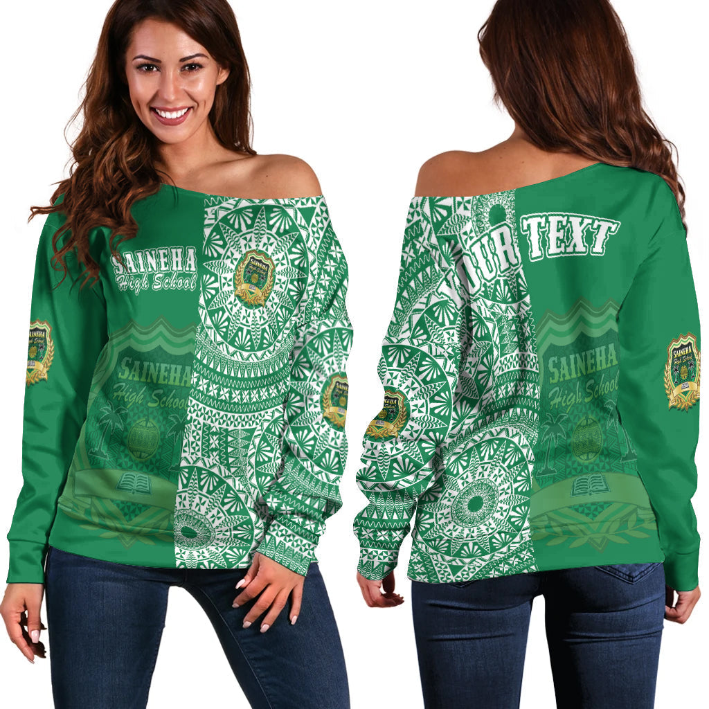(Custom Personalised) Tonga Saineha High School Off Shoulder Sweater Tongan Ngatu Pattern
