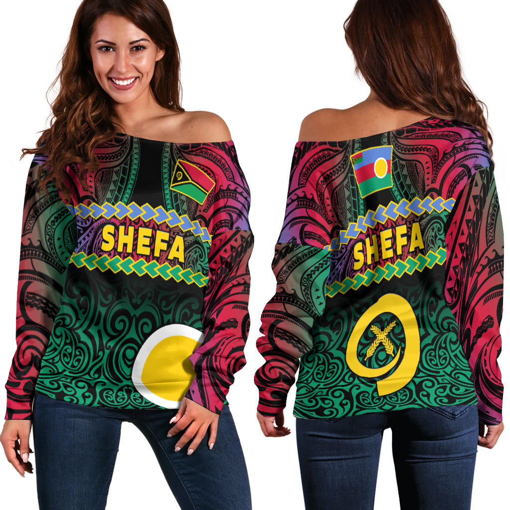 Shefa Province Off Shoulder Sweater Vanuatu Pig Tusk Polynesian Flag Style