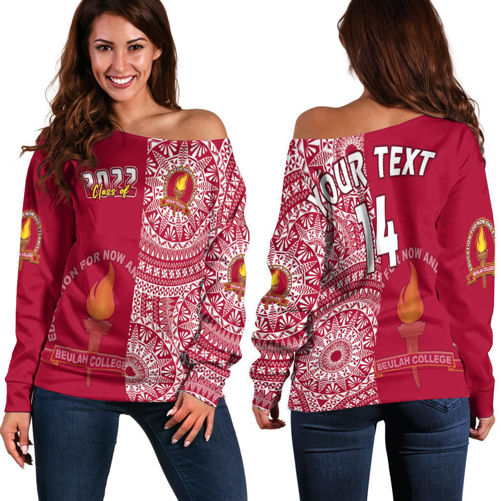 (Custom Text And Number) Beulah Tonga College Off Shoulder Sweater Class Of Year Tongan Ngatu Pattern