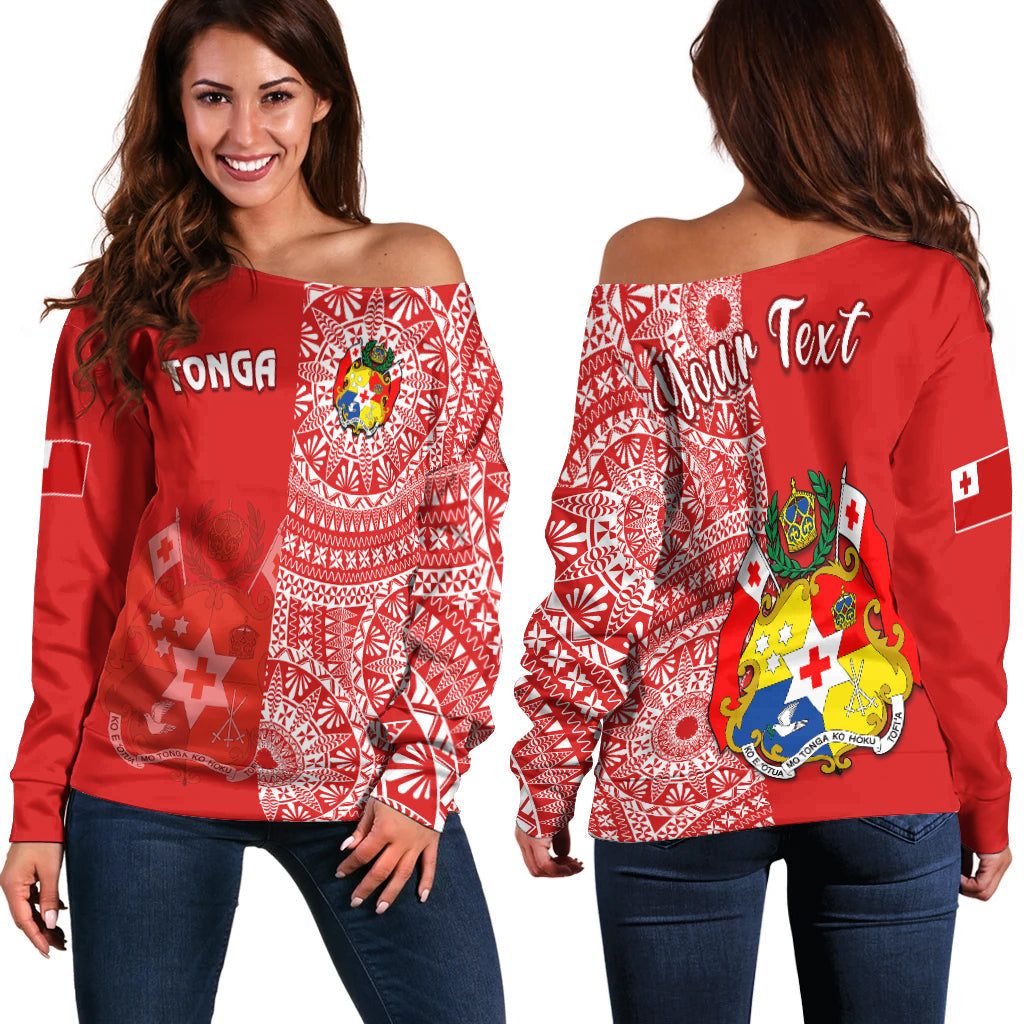 (Custom Personalised) Tonga Off Shoulder Sweater Tongan Coat Of Arms Ngatu Pattern