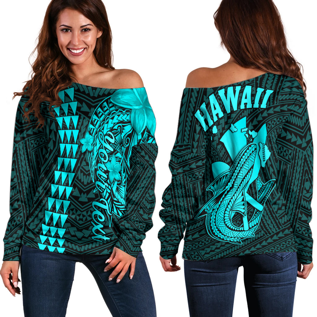 (Custom Personalised) Hawaii Off Shoulder Sweater Kakau Kanaka Maoli Combine Polynesian Shark Ver.04