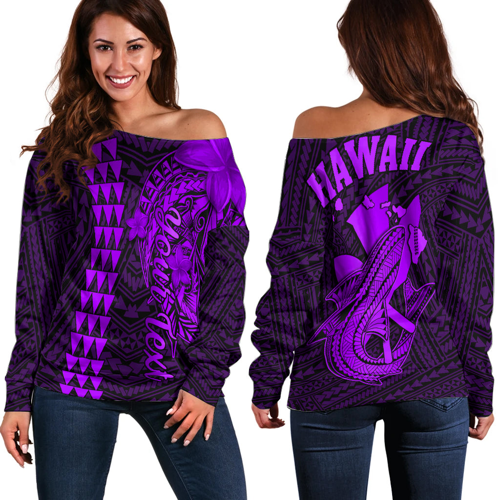 (Custom Personalised) Hawaii Off Shoulder Sweater Kakau Kanaka Maoli Combine Polynesian Shark Ver.05