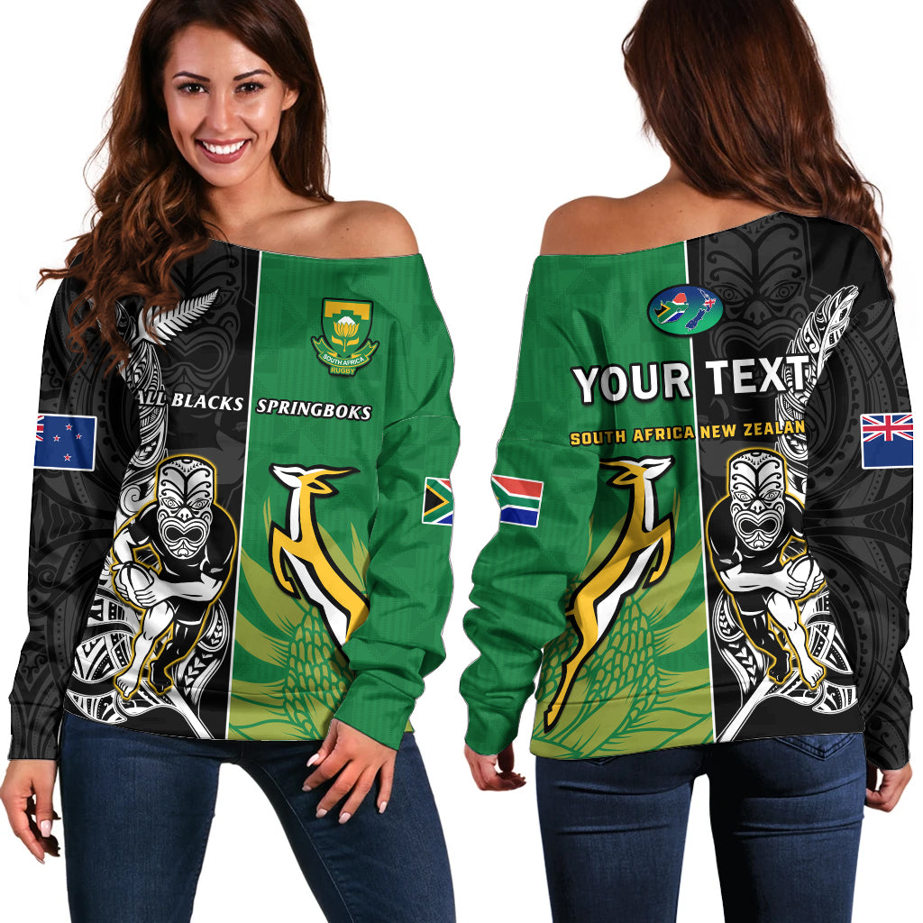 (Custom Personalised) New Zealand And South Africa Rugby Off Shoulder Sweater All Black Maori Mix Springboks