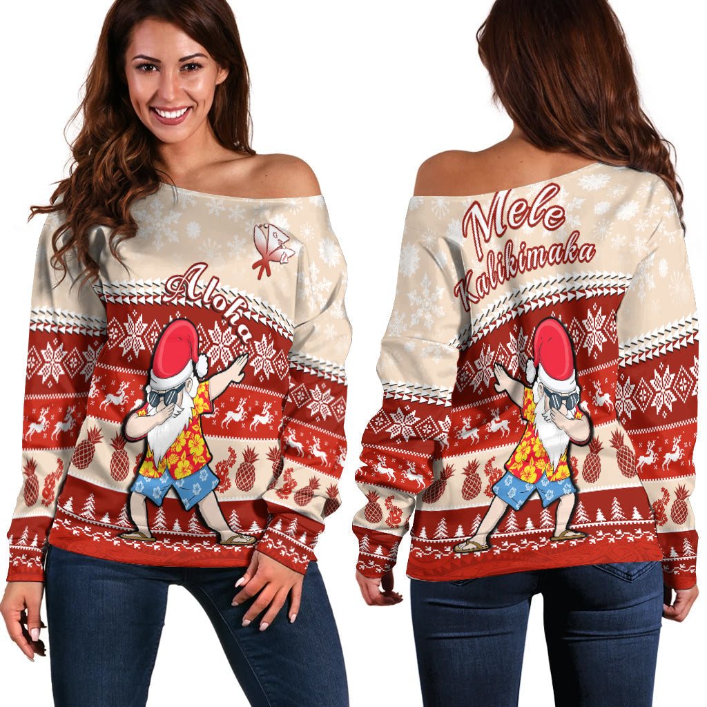 Hawaii Mele Kalikimaka Off Shoulder Sweater Dabbing Santa Red Merry Christmas