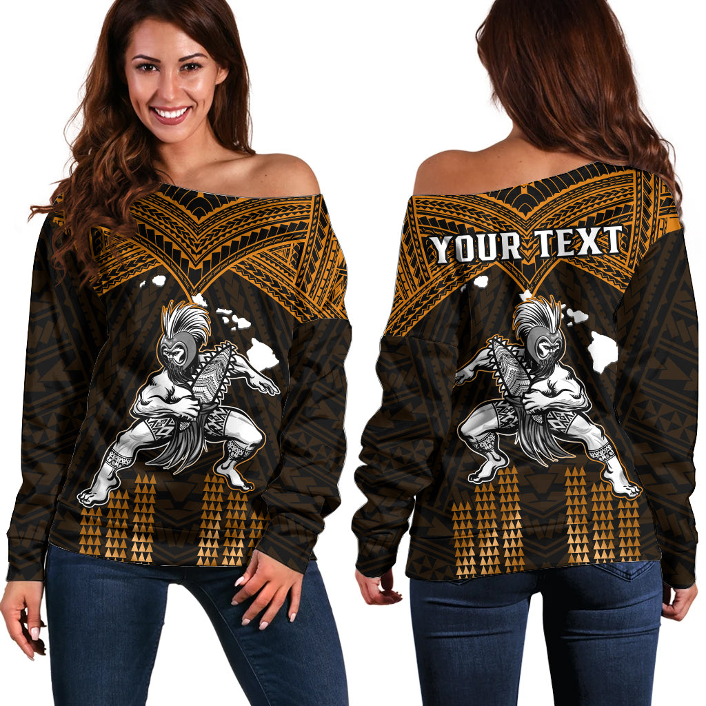 (Custom Personalised) Hawaii Off Shoulder Sweater Hawaiian Warrior With Weapon Polynesian Ver.07