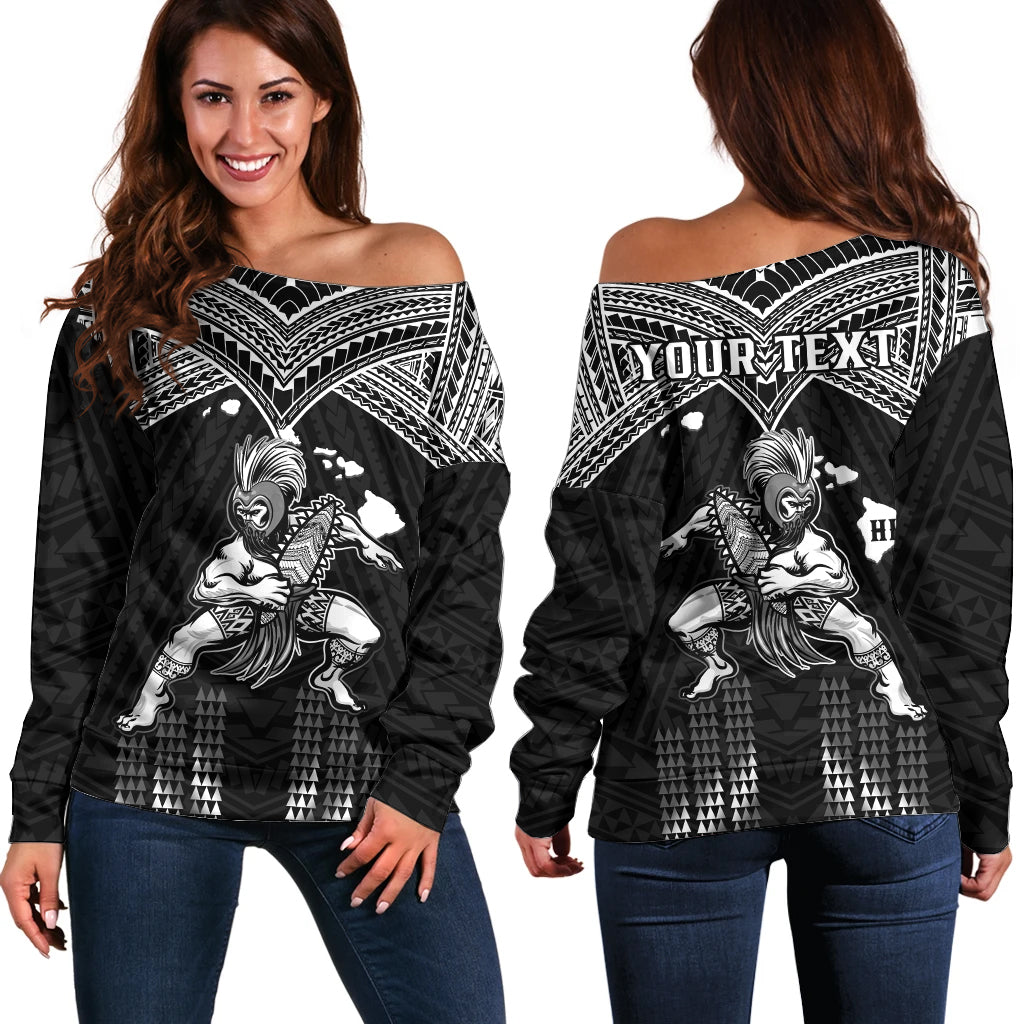 (Custom Personalised) Hawaii Off Shoulder Sweater Hawaiian Warrior With Weapon Polynesian Ver.01