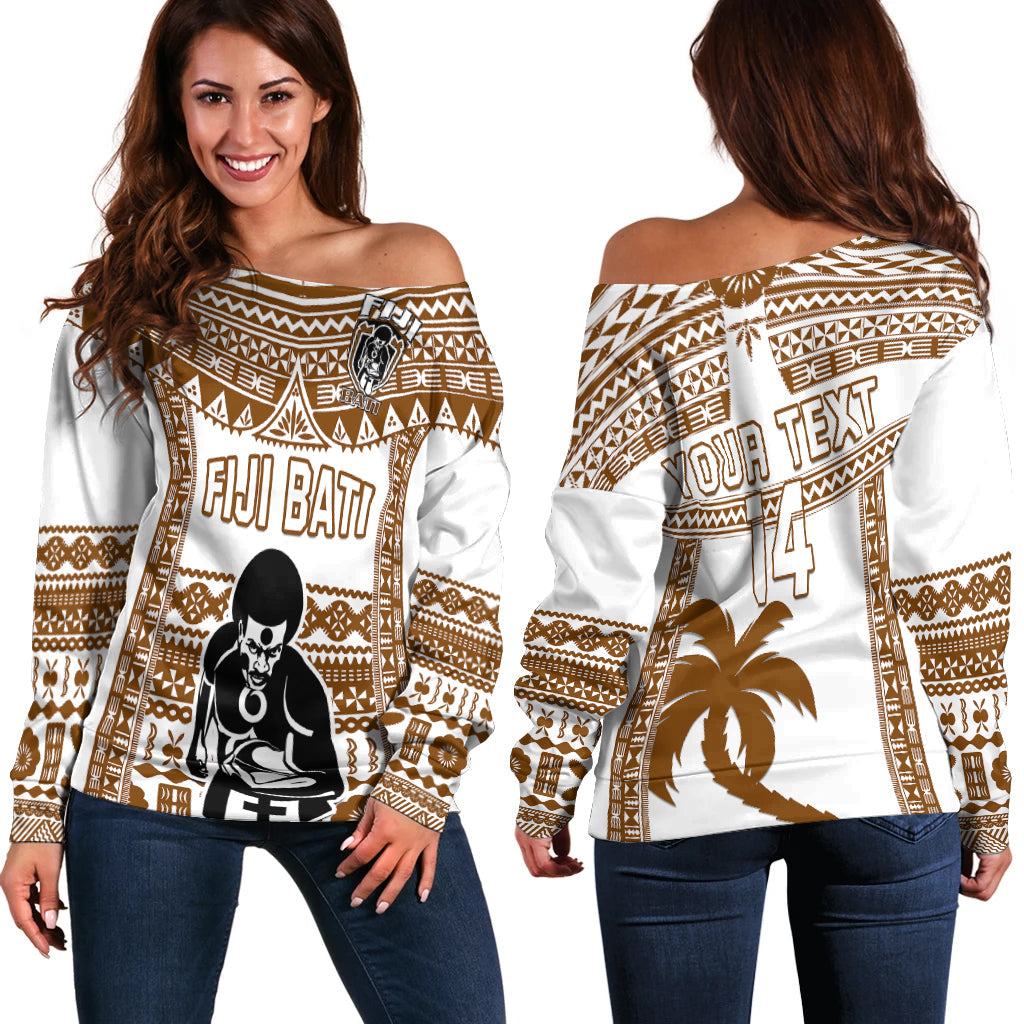Custom Text And Number Fiji Rugby Off Shoulder Sweater Pacific The Bati Brown Fijian Tapa