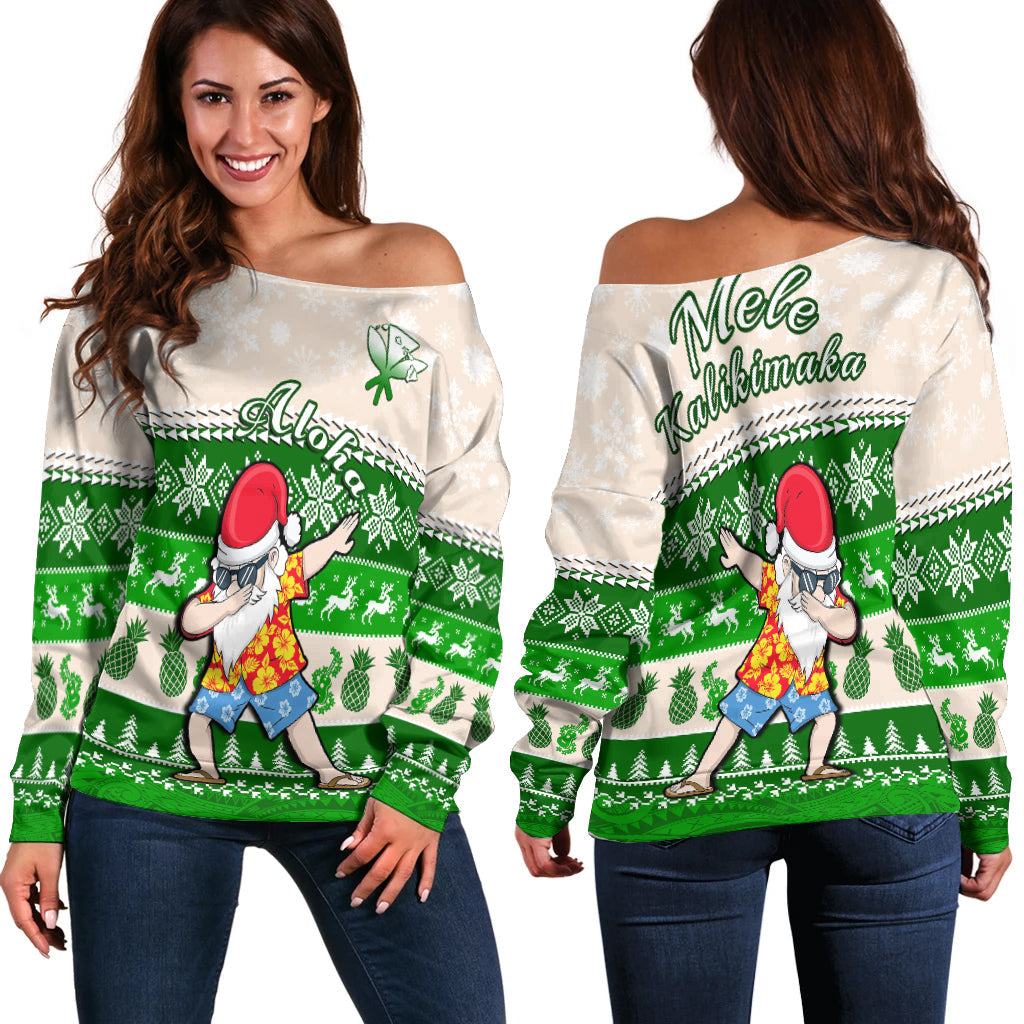 Hawaii Mele Kalikimaka Off Shoulder Sweater Dabbing Santa Green Merry Christmas