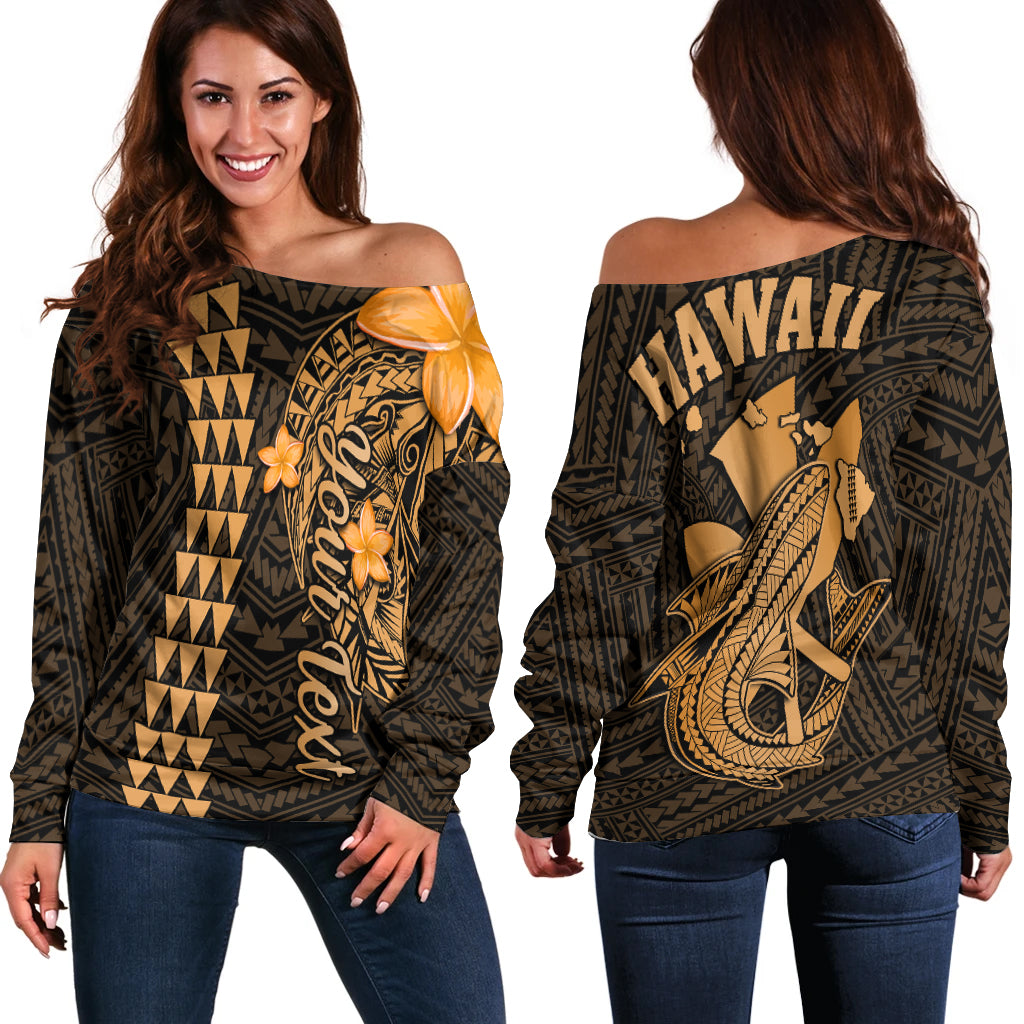 (Custom Personalised) Hawaii Off Shoulder Sweater Kakau Kanaka Maoli Combine Polynesian Shark Ver.01