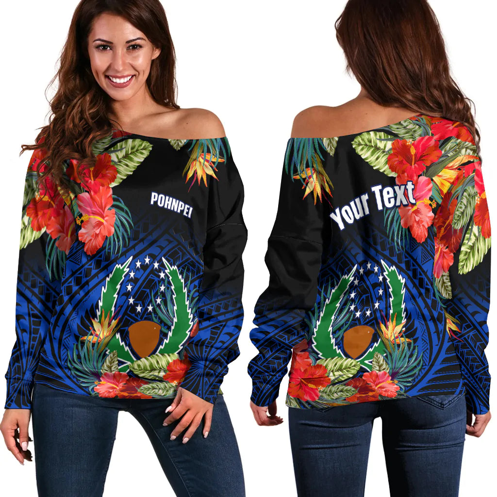 (Custom Personalised) Pohnpei State Off Shoulder Sweater FSM Hibiscus Flowers Mix Polynesian