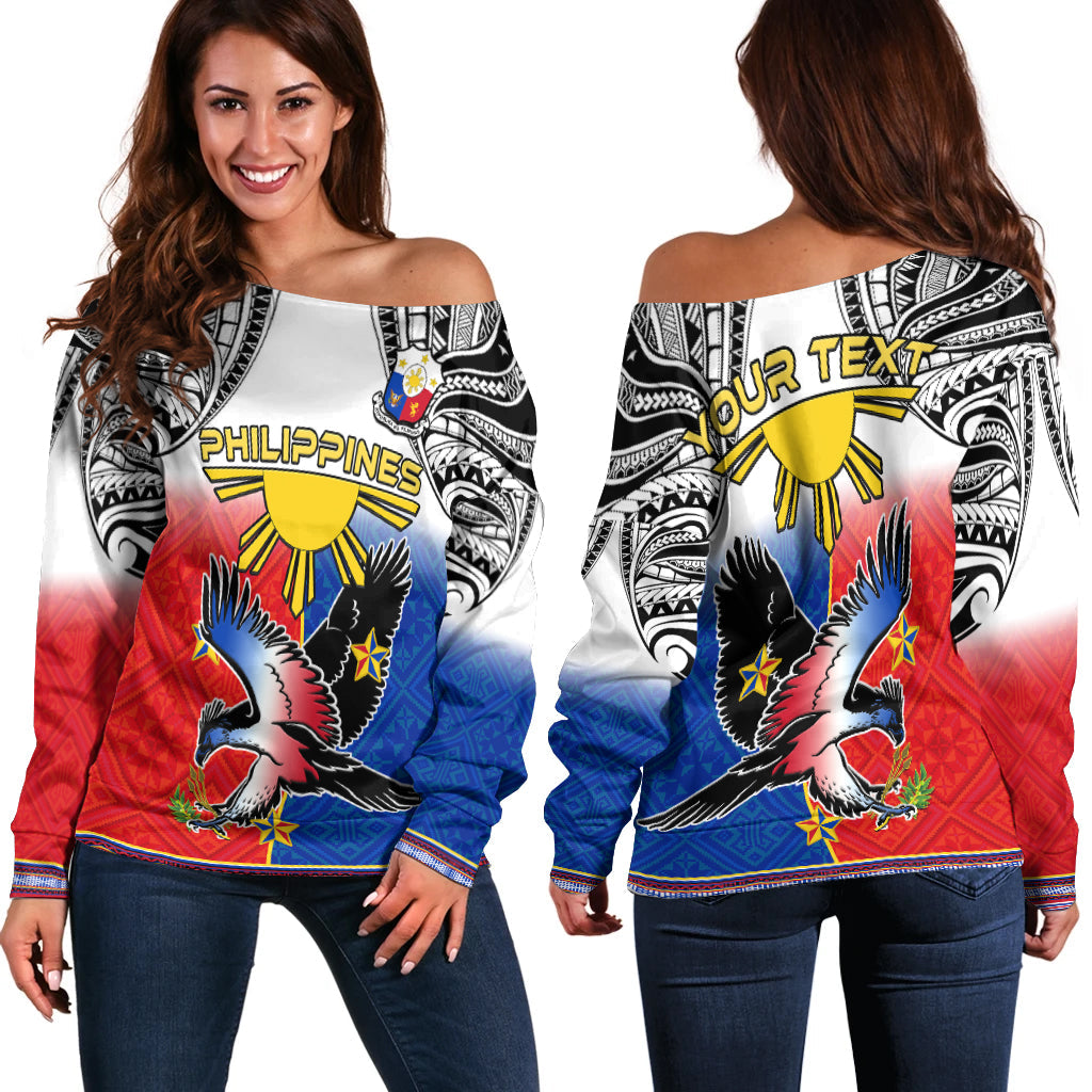 Custom Personalised Philippines Off Shoulder Sweater Polynesian Filipino Pattern With Eagle