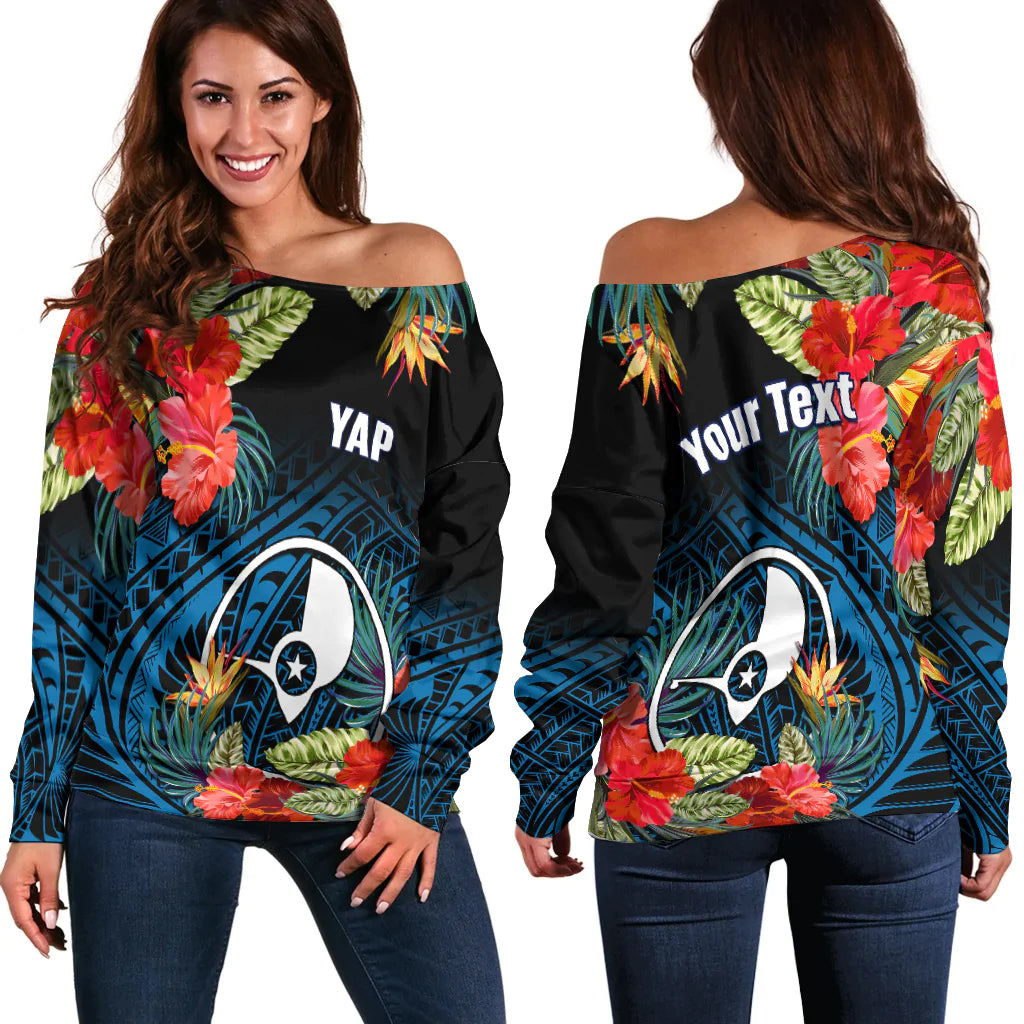 (Custom Personalised) Yap State Off Shoulder Sweater FSM Hibiscus Flowers Mix Polynesian