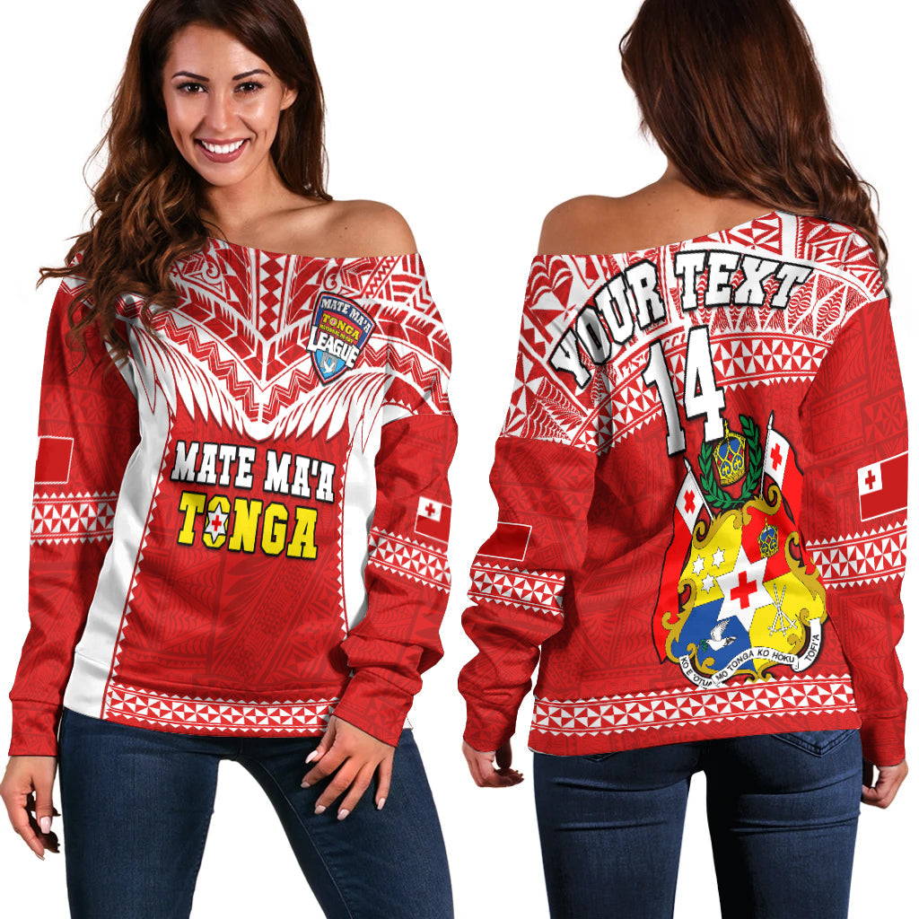 (Custom Text And Number) Tonga Rugby Off Shoulder Sweater Mate Maa Tonga Pacific Ngatu White