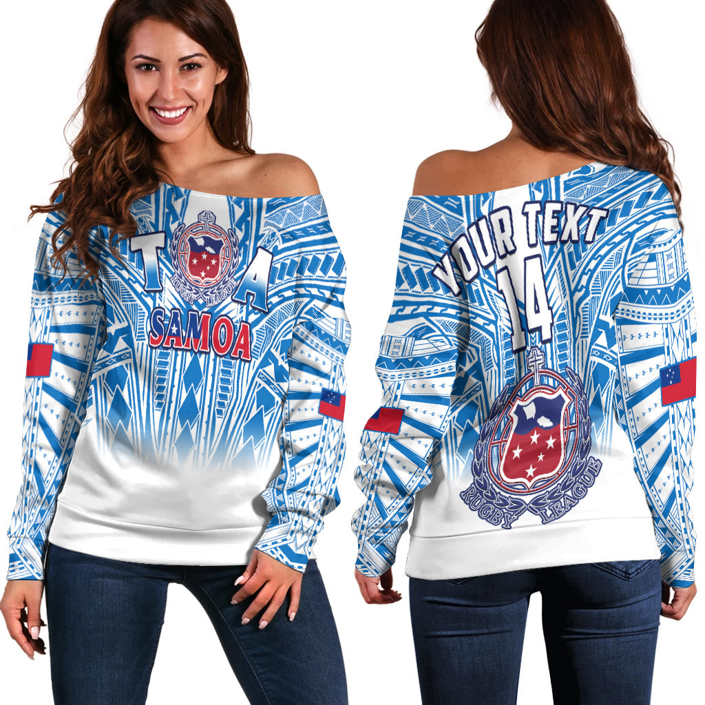 (Custom Text And Number) Samoa Rugby Off Shoulder Sweater Personalise Toa Samoa Polynesian Pacific White Version