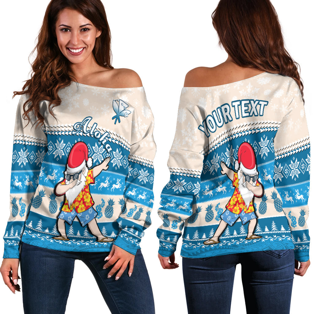 (Custom Personalised) Hawaii Mele Kalikimaka Off Shoulder Sweater Dabbing Santa Blue Merry Christmas
