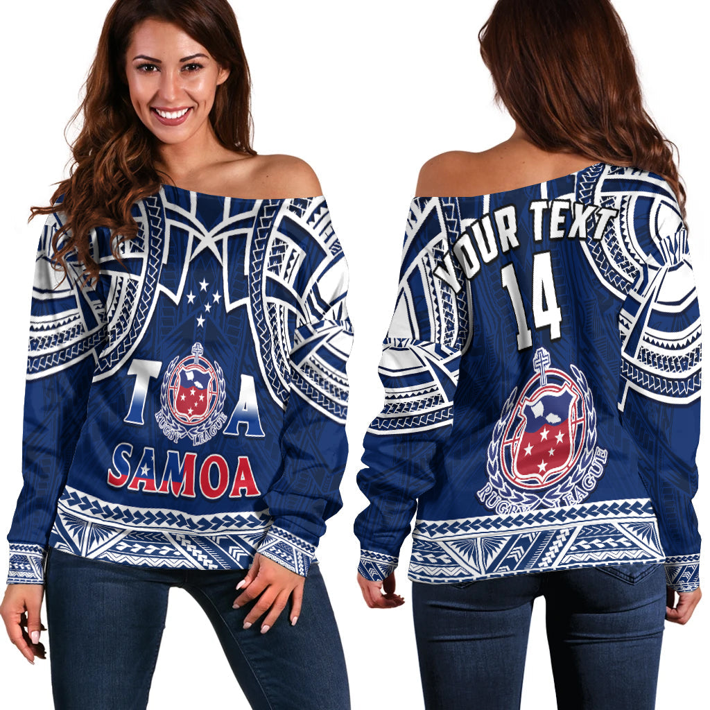 (Custom Personalise Text and Number) Samoa Rugby Off Shoulder Sweater Toa Samoa Pacific Sporty