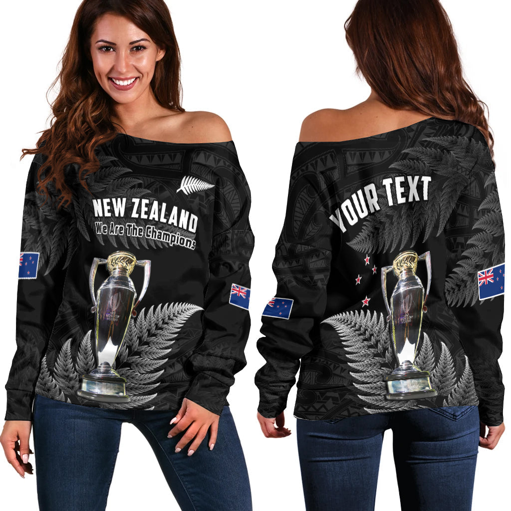 (Custom Personalised) New Zealand 2022 Rugby Off Shoulder Sweater Black Fern Proud Champions RWC