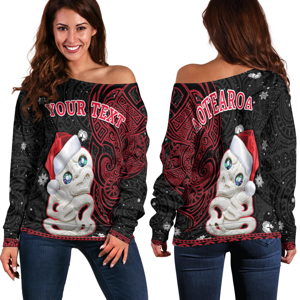 (Custom Personalised) New Zealand Christmas Off Shoulder Sweater Hei Tiki Red Pohutukawa Meri Kirihimete