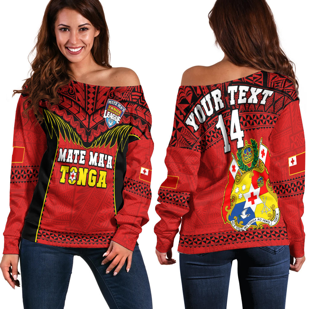 (Custom Text And Number) Tonga Rugby Off Shoulder Sweater Mate Maa Tonga Pacific Ngatu Black