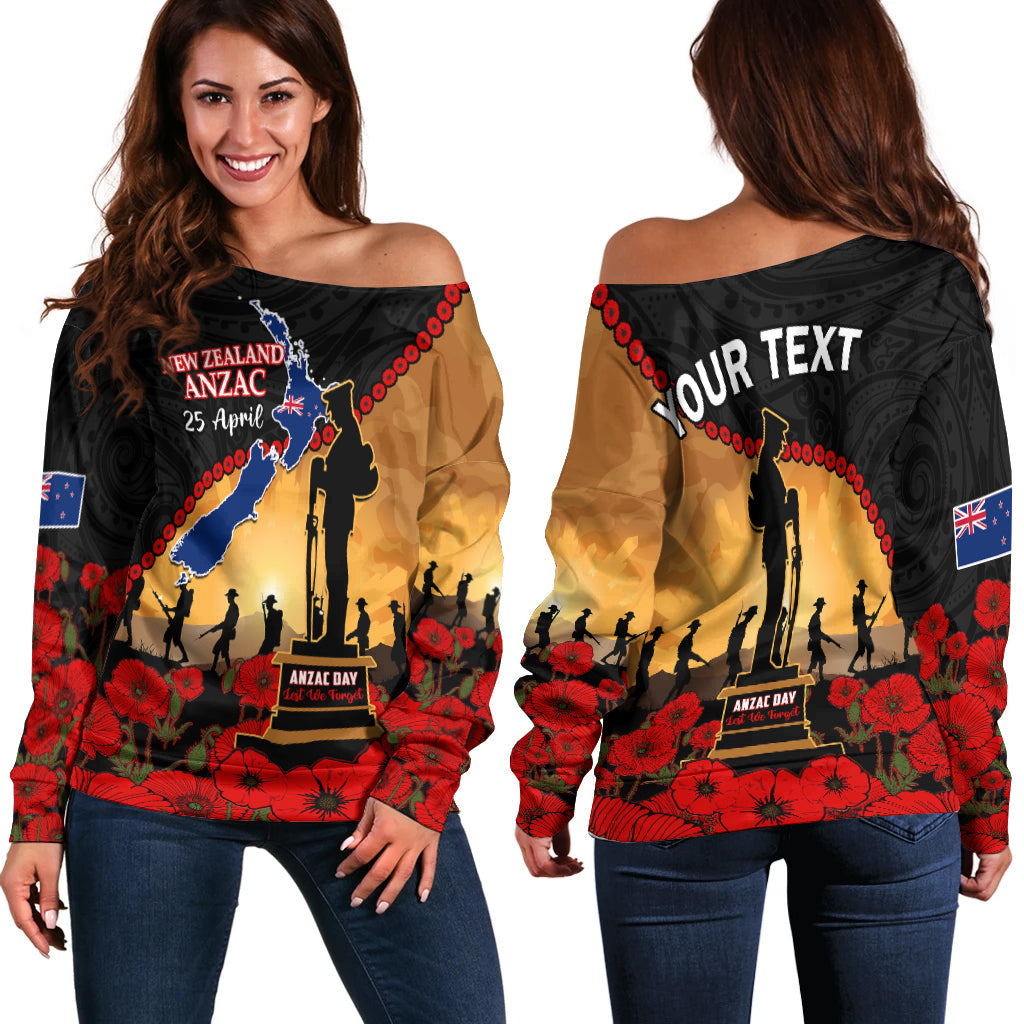 (Custom Personalised) New Zealand Anzac Off Shoulder Sweater Maori Camouflage Mix Poppies We Will Remember Them