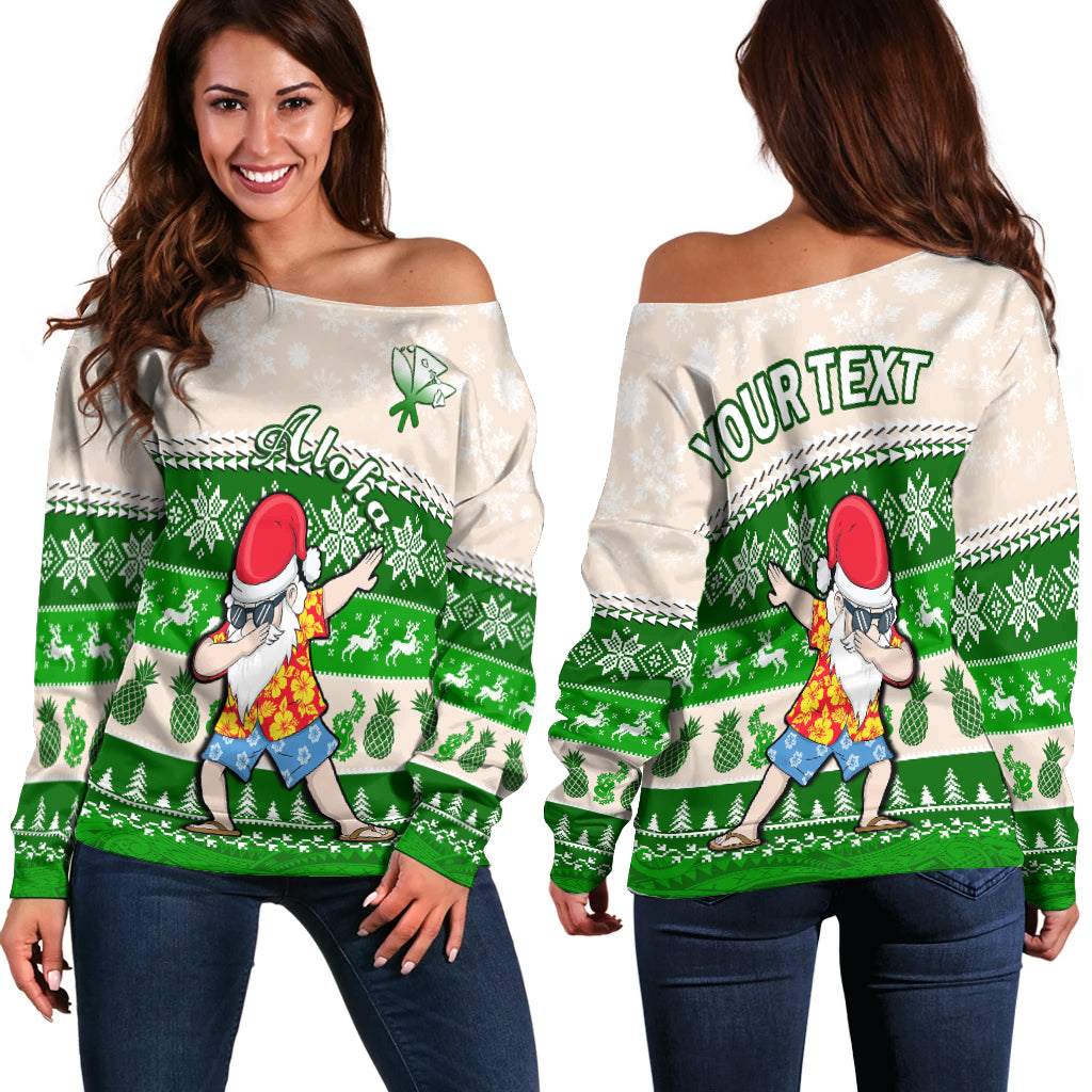 (Custom Personalised) Hawaii Mele Kalikimaka Off Shoulder Sweater Dabbing Santa Green Merry Christmas