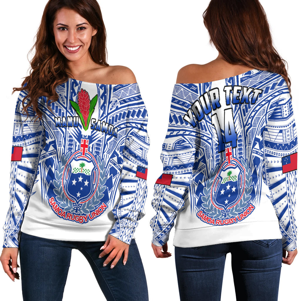 (Custom Text And Number) Samoa Rugby Off Shoulder Sweater Manu Samoa 7s Ginger White Polynesian