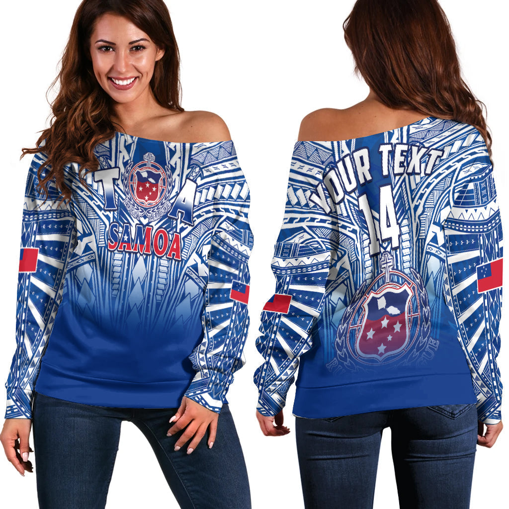 (Custom Text And Number) Samoa Rugby Off Shoulder Sweater Personalise Toa Samoa Polynesian Pacific Navy Version