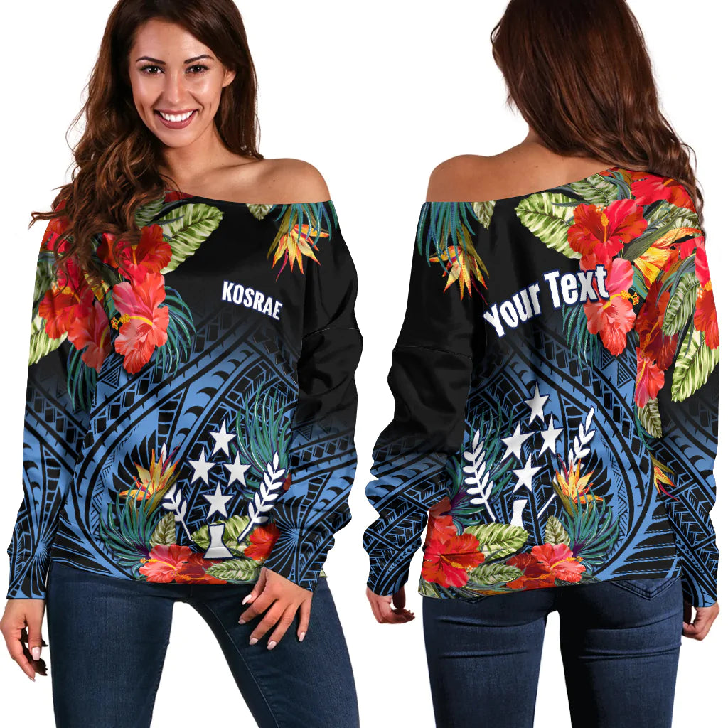 (Custom Personalised) Kosrae State Off Shoulder Sweater FSM Hibiscus Flowers Mix Polynesian