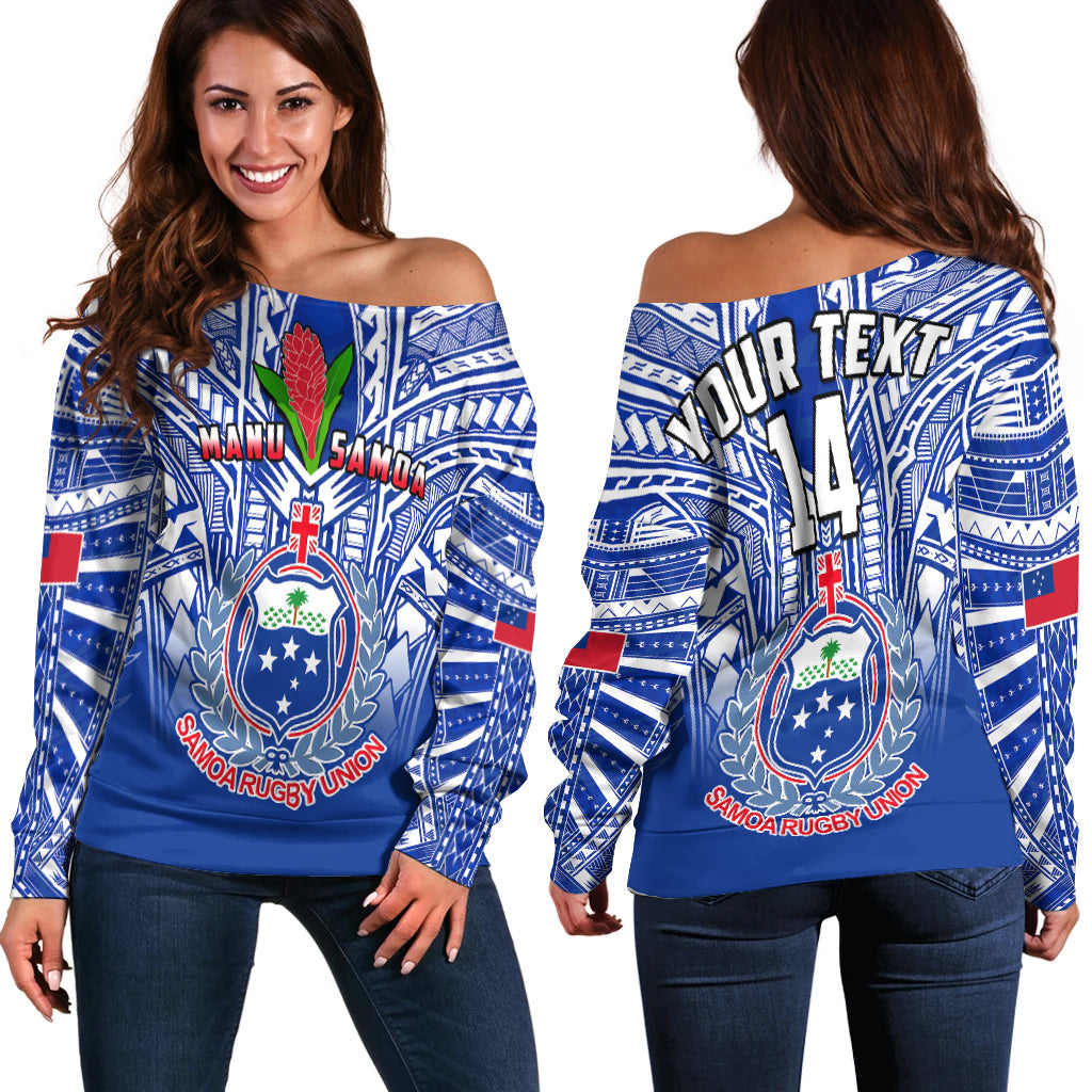(Custom Text And Number) Samoa Rugby Off Shoulder Sweater Manu Samoa 7s Ginger Blue Polynesian