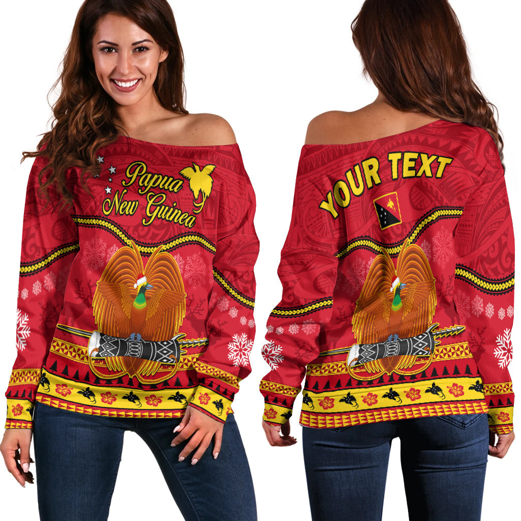 (Custom Personalised) Papua New Guinea Christmas Off Shoulder Sweater Bird Of Paradise Bikpela Hamamas Blong Dispela Krismas