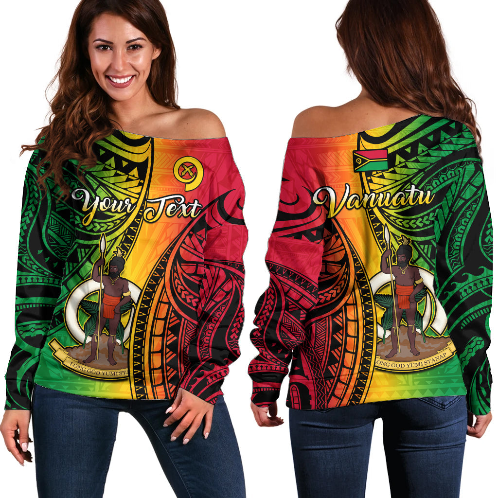 (Custom Personalised) Vanuatu Hoodie Off Shoulder Sweater Luganville Polynesian Reggae Coat Of Arms