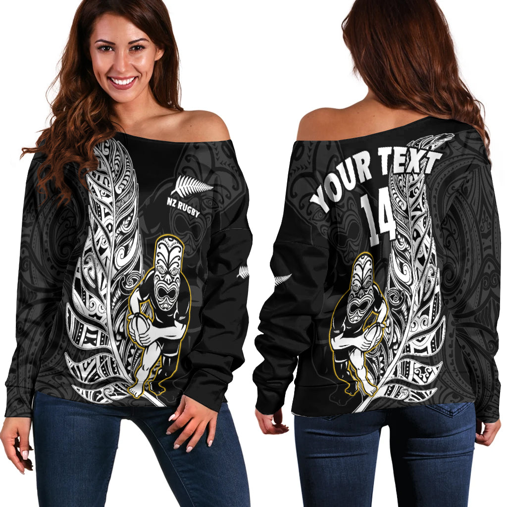 (Custom Text And Number) New Zealand Silver Fern Rugby Off Shoulder Sweater All Black Maori Version Black
