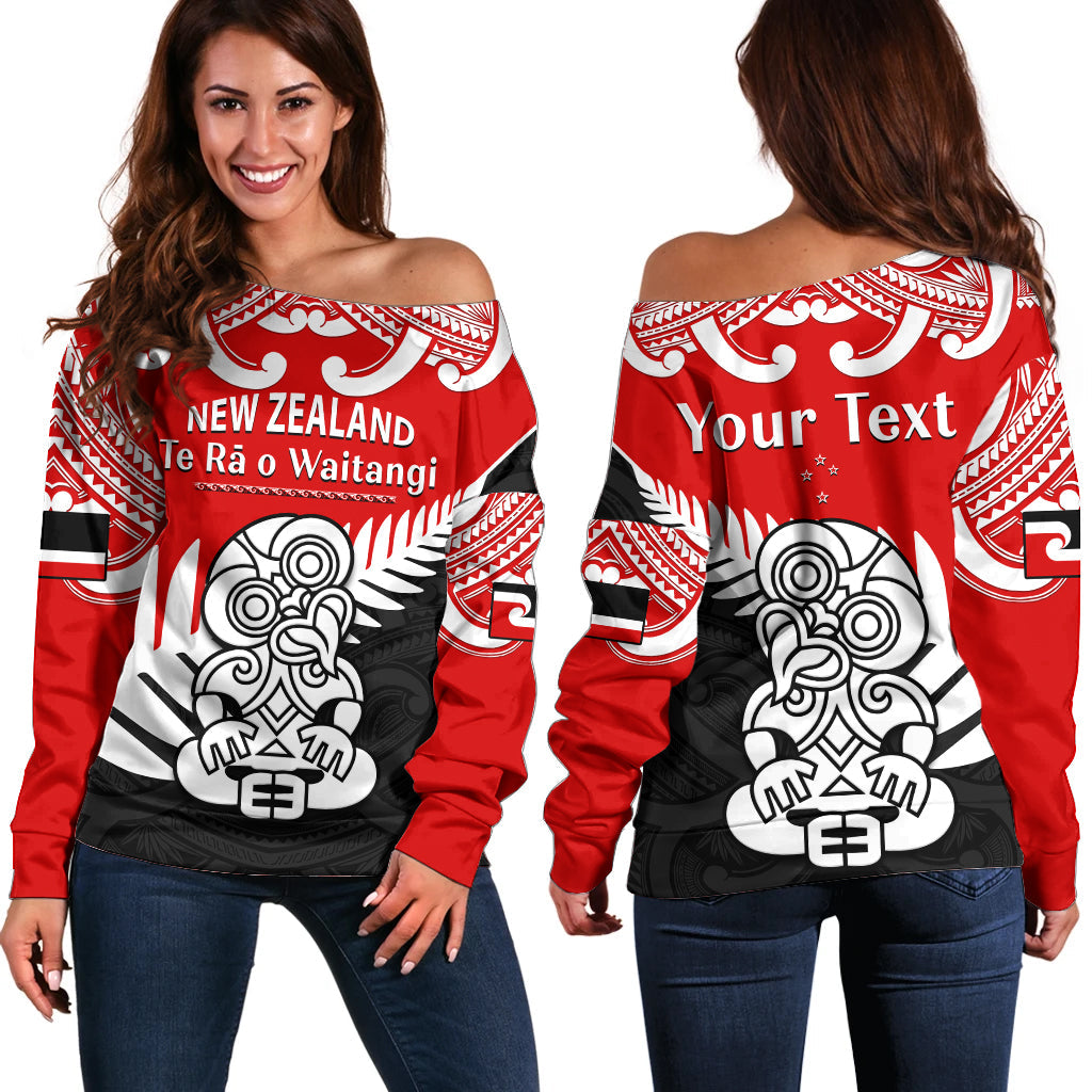 (Custom Personalised) Waitangi Day Off Shoulder Sweater Tino Rangatiratanga Flag With Tiki Maori Fern