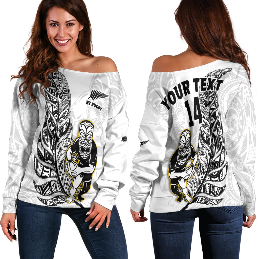 (Custom Text And Number) New Zealand Silver Fern Rugby Off Shoulder Sweater All Black Maori Version White