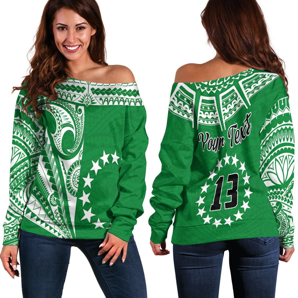 (Custom Text and Number) Cook Islands Tatau Off Shoulder Sweater Symbolize Passion Stars Version Green