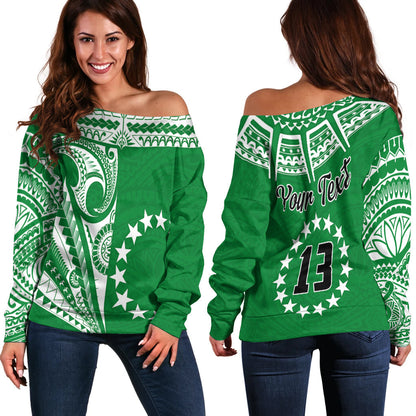 (Custom Text and Number) Cook Islands Tatau Off Shoulder Sweater Symbolize Passion Stars Version Green