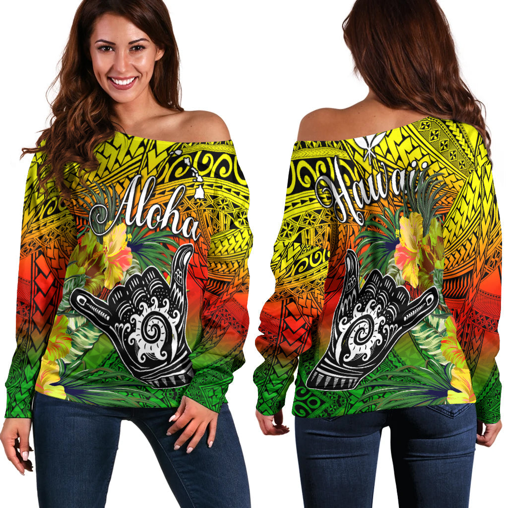 The Shaka Hawaii Off Shoulder Sweater Tropical Flowers Reggae Version
