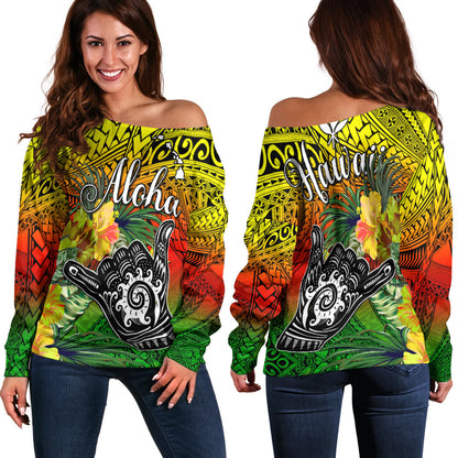 The Shaka Hawaii Off Shoulder Sweater Tropical Flowers Reggae Version