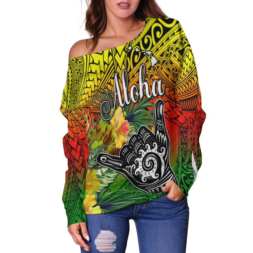 The Shaka Hawaii Off Shoulder Sweater Tropical Flowers Reggae Version