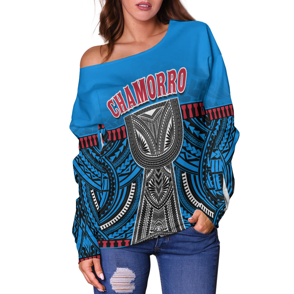 (Custom Personalised) Guam Chamorro Off Shoulder Sweater Latte Stone Blue Polynesian Haligi