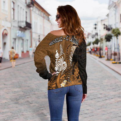 (Custom Personalised) New Caledonia Off Shoulder Sweater Nautilus Gold Polynesian Hibiscus