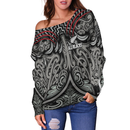 (Custom Personalised) New Zealand Silver Fern Rugby Off Shoulder Sweater All Black NZ Maori Pattern